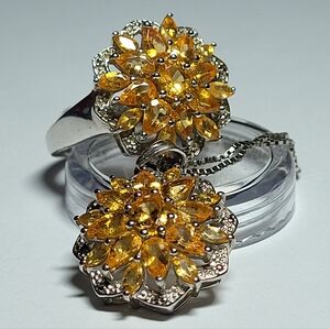 Genuine Golden Spessartite Garnet Cluster Design Ring And Pendant Set